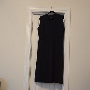 Athleta black midi dress with tie at waist.